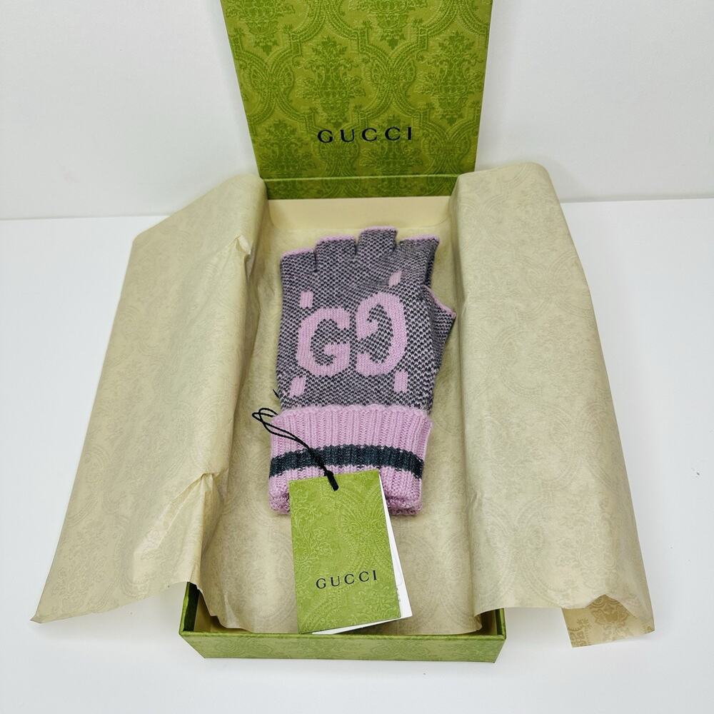 NIB Gucci GG Fingerless Gloves Mittens Pink Size L 100% Cashmere - Picture 6 of 12